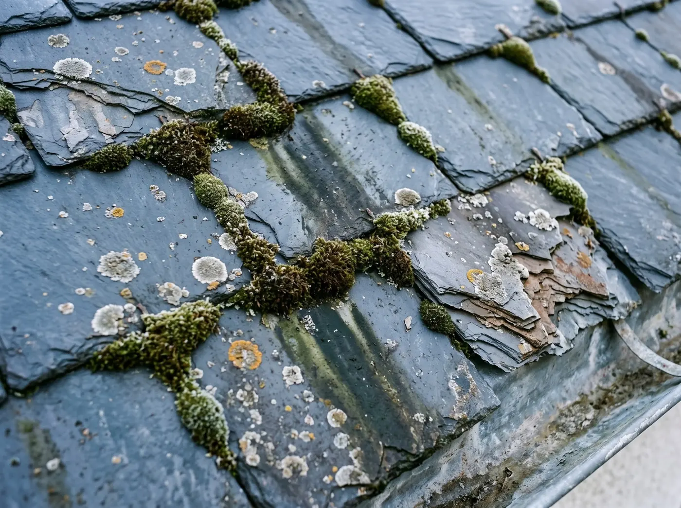 Illustration : un toit en ardoise couvert de mousse et de lichens, des ardoises feuilletées et fendues